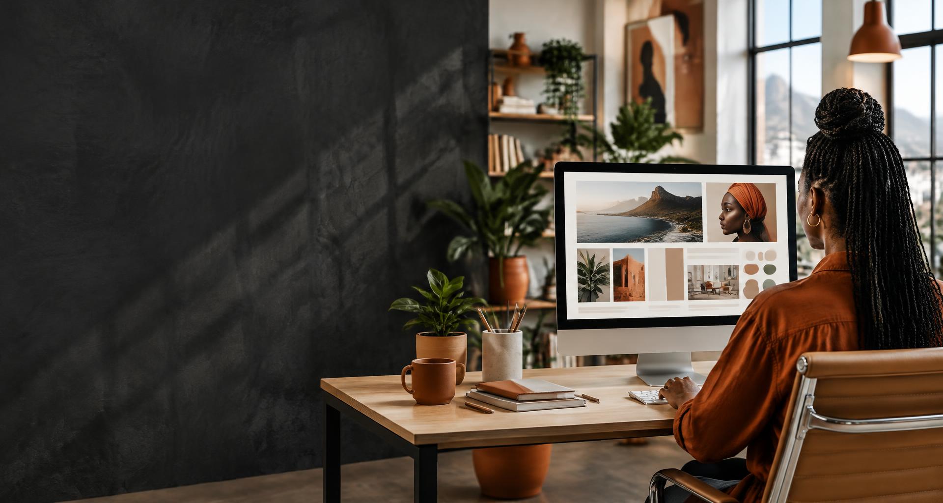 Creative studio with a professionally designed website on a desktop monitor